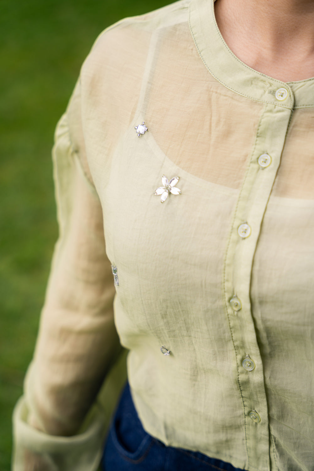 Toumei Sheer flower cropped blouse-green