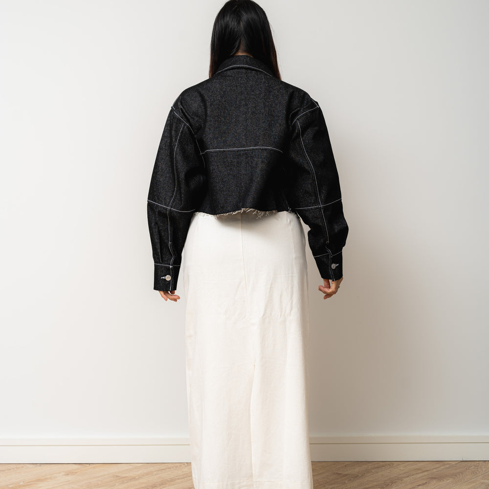 
                  
                    Black Denim Cropped Jacket with White Stitch
                  
                