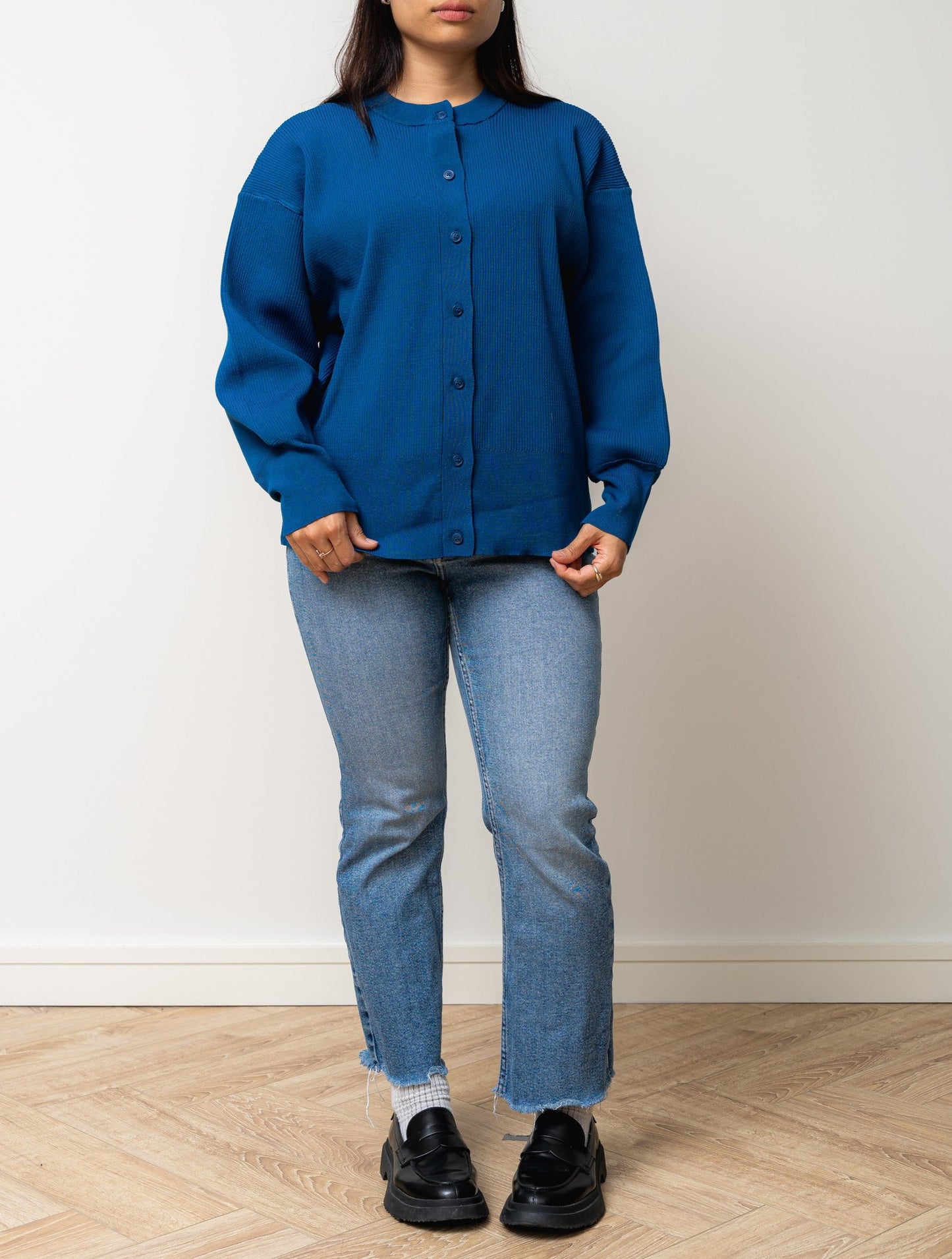 
                  
                    Kumo Fine Ribbed Knit Cardigan Sweater- Blue
                  
                