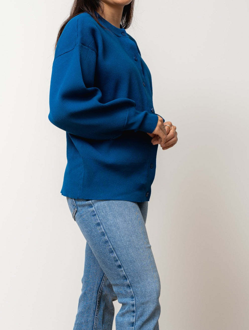 Kumo Fine Ribbed Knit Cardigan Sweater- Blue
