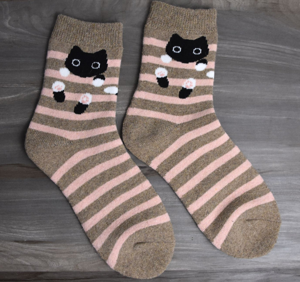 Thick Striped Cat Socks- Brown