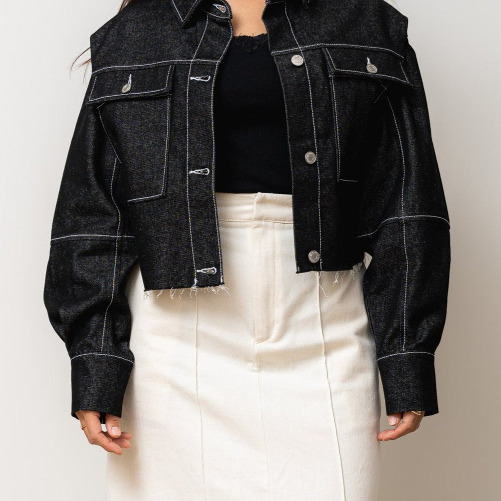 
                  
                    Black Denim Cropped Jacket with White Stitch
                  
                