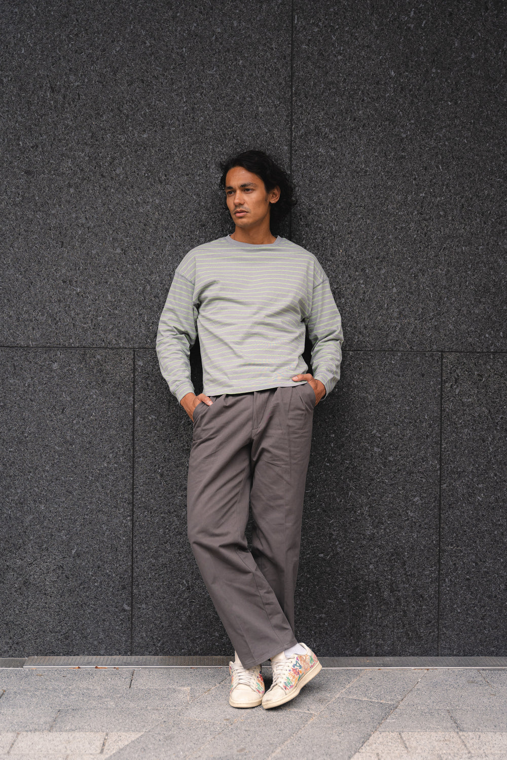 Raku Striped Unisex Long Sleeve- Grey/Green