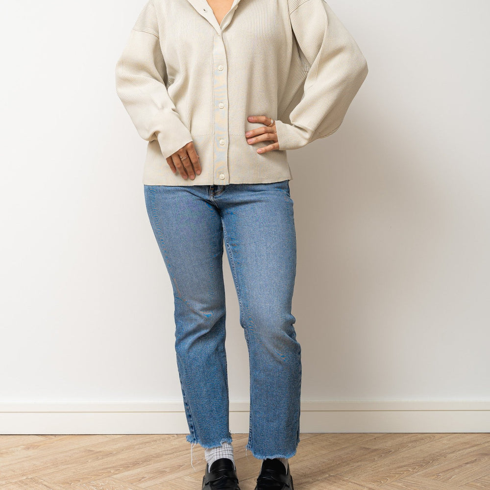 
                  
                    Kumo Fine Ribbed Knit Cardigan Sweater- Beige
                  
                